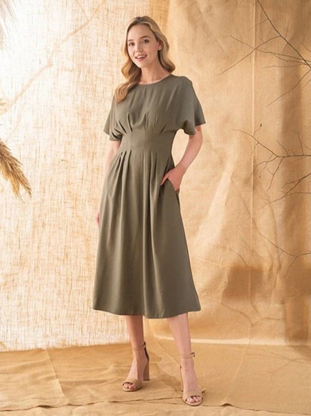 Kensie Olive Green Short-Sleeve Midi Dress